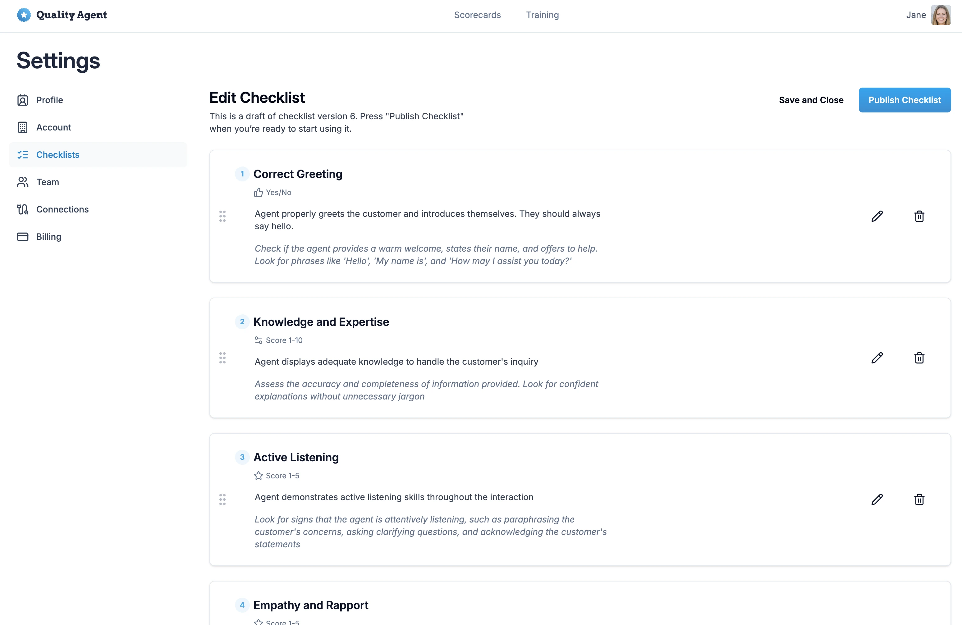 Custom quality criteria checklist