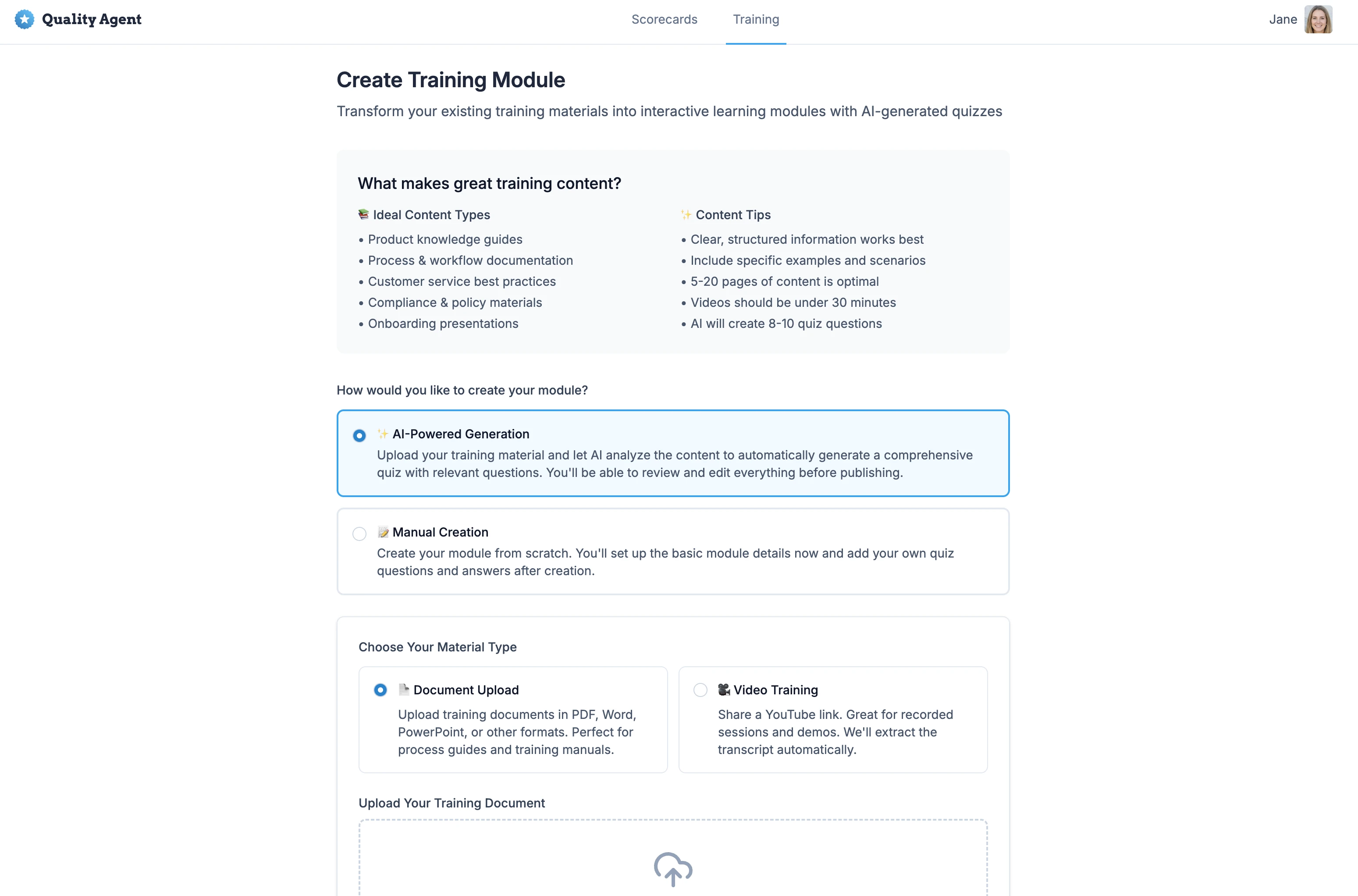 Upload training materials interface